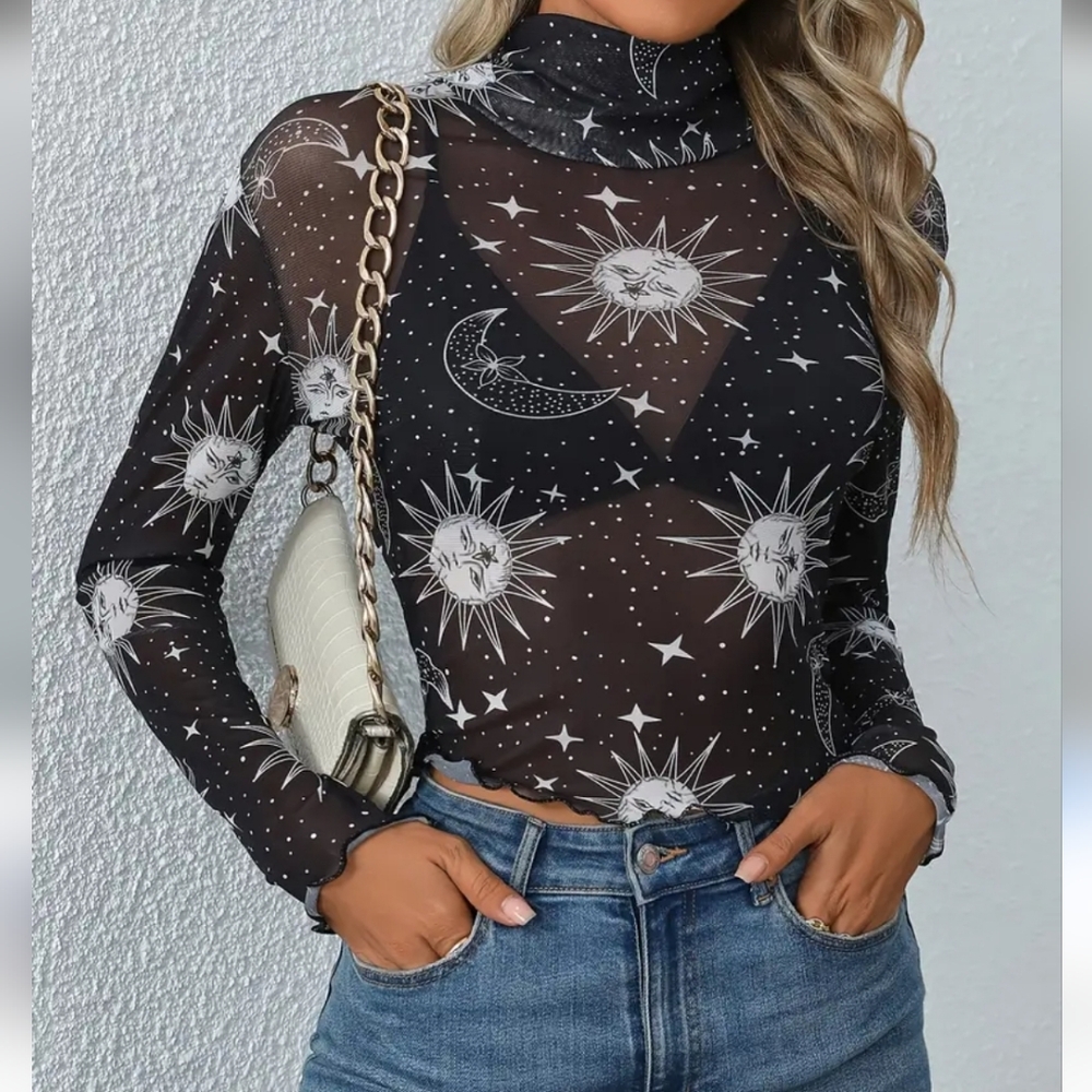 Su. Moon Stars Semi-Sheer Layering Top Various Sizes Available New !